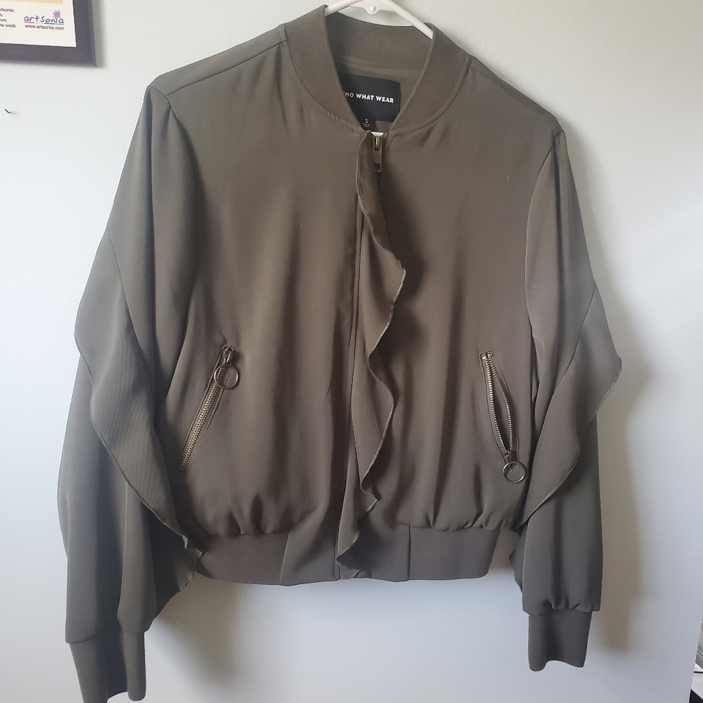 Who What Wear Olive Ruffle Bomber Jacket